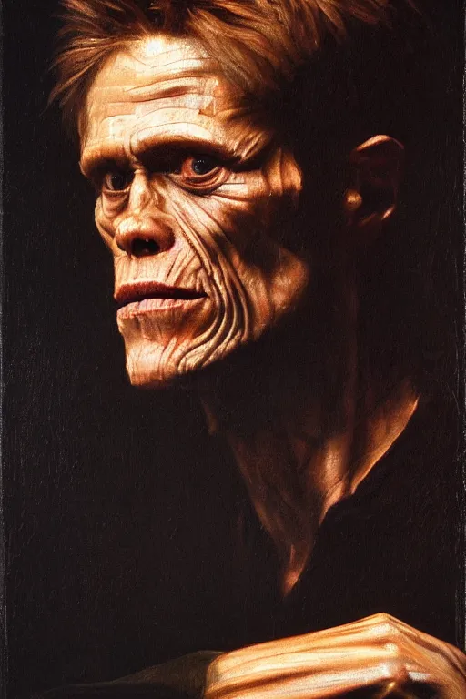 Prompt: an extremely high quality hd, portrait painting of 4 0 year old willem dafoe, renaissance oil painting, studious chiaroscuro, by h. r. ( hans ruedi ) giger, featured on cgsociety, afrofuturism, dystopian art, 8 k, ultra realistic, very realistic