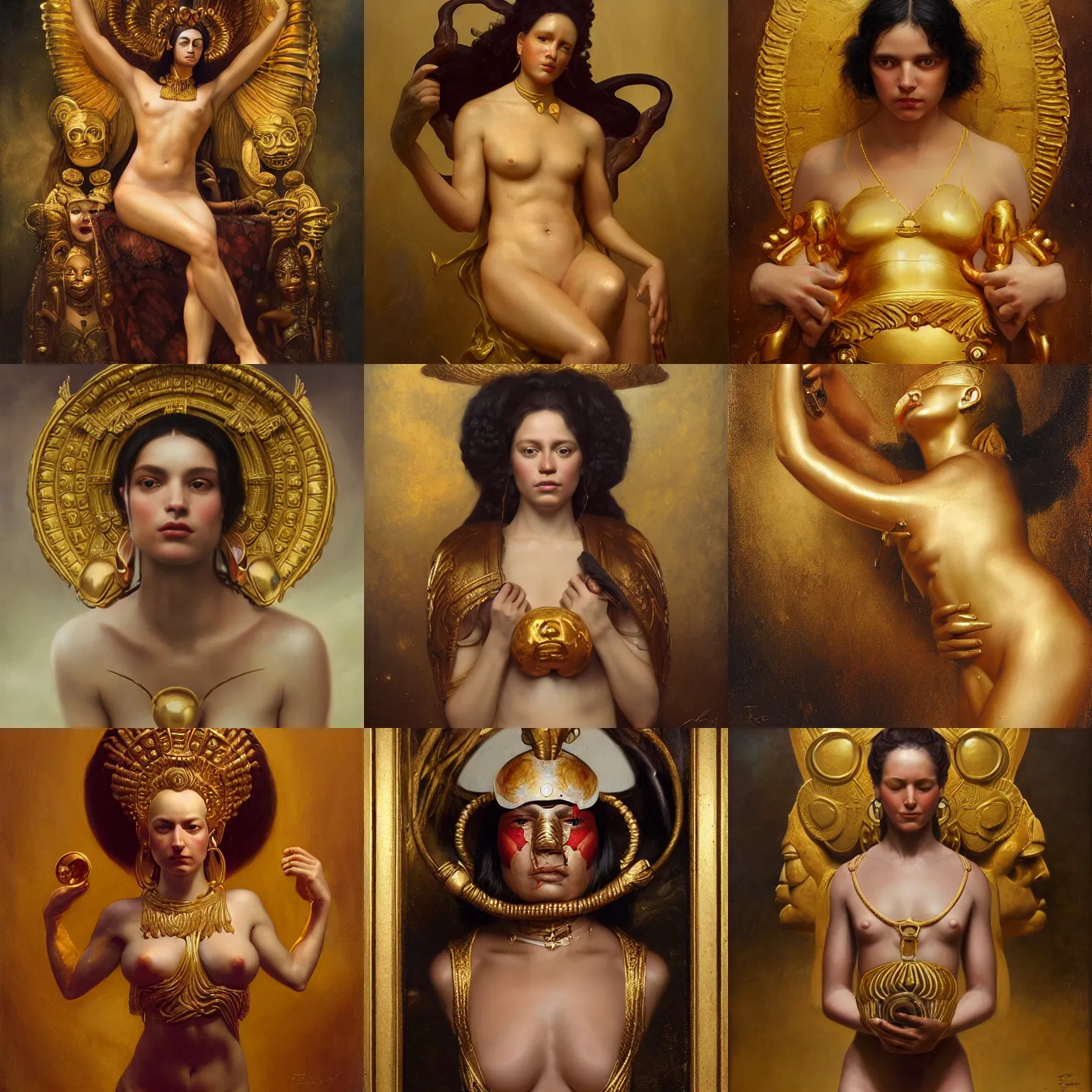 Prompt: pre - columbian gold sculptures!!!!!! | by roberto ferri, by tom bagshaw, by j. c. leyendecker and klimt, american romanticism, artstation, cgsociety, highly detailed oil painting, very intricate, cinematic lighting, award - winning