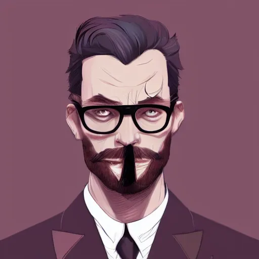 Prompt: a man with a stubble and suit smoking a cigarette with glasses on,D&D, sci-fi, elegant, hopeful, muscular, highly detailed, digital painting, artstation, concept art, smooth, sharp focus, illustration
