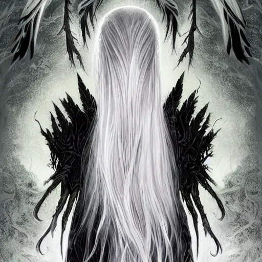 Prompt: ultrarealistic horrific, beautiful banshee with brightly shining wings and long white hair imprisoned in a very dark nearly lightless, sombre, horrific forest