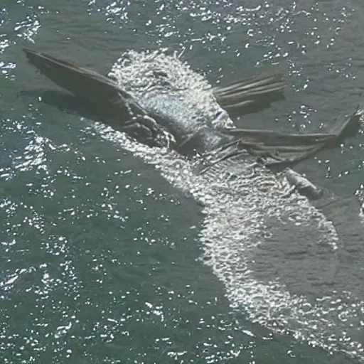 Prompt: cnn news footage of big bird being washed up on shore, view from above, tv