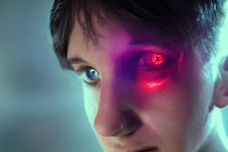 Image similar to VFX movie of a cyborg hacker closeup portrait in high tech compound, beautiful natural skin neon lighting by Emmanuel Lubezki