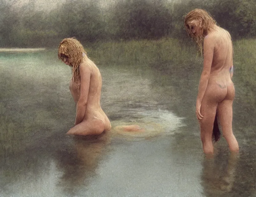 Image similar to peasant with wet hair taking a bath in a lake, back view, cottage core, cinematic focus, polaroid photo bleached vintage pastel colors high - key lighting, soft lights, foggy, by steve hanks, by lisa yuskavage, by serov valentin, by tarkovsky, 8 k render, detailed, oil on canvas