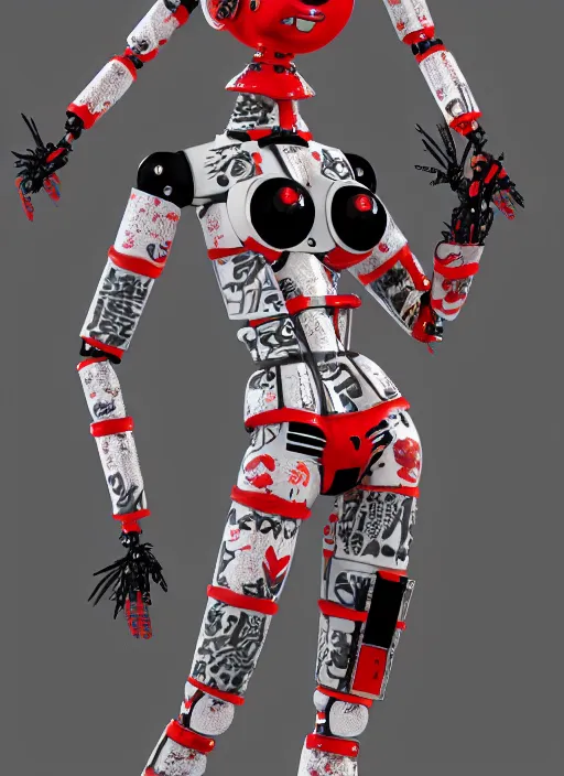 Prompt: full body photo of a punk geisha robot 2 1 savage with kanji tattoos and decals wearing a digital pixelated kimono, intricate design, photo - realistic, octane render, ultra fine detailed, character design, trending on artstation