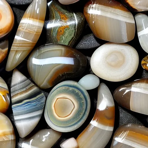 Prompt: banded agates that resemble a tropical beach