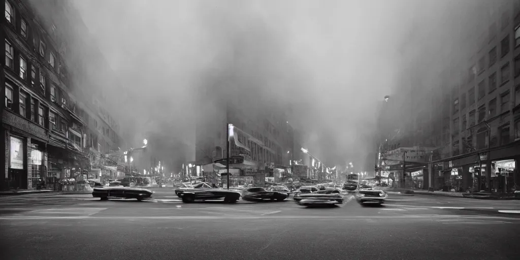 Prompt: a high resolution photo of a new york street at night surrounded with smoke and cars with bright headlights by joel meyerowitz, realistic photo, leica, magnum award winning photograph, parallax photography,