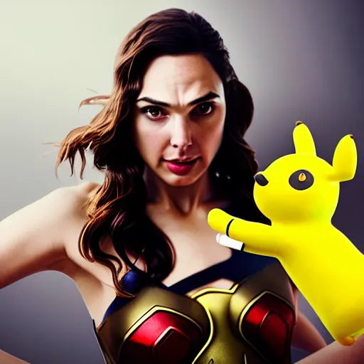 Image similar to gal gadot cosplay as picachu, professional photography, action shot, studio lighting, motion blur, hyper detailed, trending on artstation