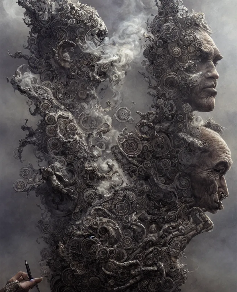 Image similar to the sandman, very detailed, 8k, maximized, ornate, masterpiece, complex, by Greg rutkowski, Alex Gray, surrounded by smoke