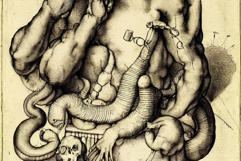 Image similar to anatomical diagram of a snake oil salesman by Albrecht Dürer