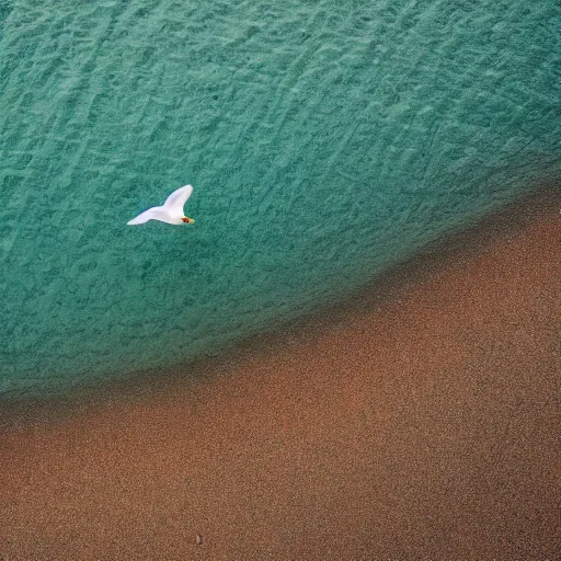 Image similar to simmetrical photo of a seagull flying seen exactly from above. Watching down. Seagull seen from above. 4k still award winning. Pleasant look and colors. Sea on the background.