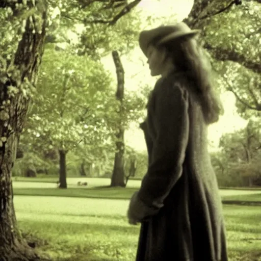 Prompt: a woman standing next to a tree in a park, a character portrait by edward simmons, tumblr, naturalism, movie still, character, photo