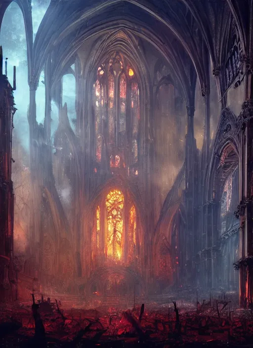 Image similar to ruined cathedral in hell full of giant crabs. fantasy concept art. moody epic painting by james gurney, greg rutkowski, giger, maxim verehin and alphonso mucha. artstationhq. painting with vivid color. ( dragon age, witcher 3, lotr )