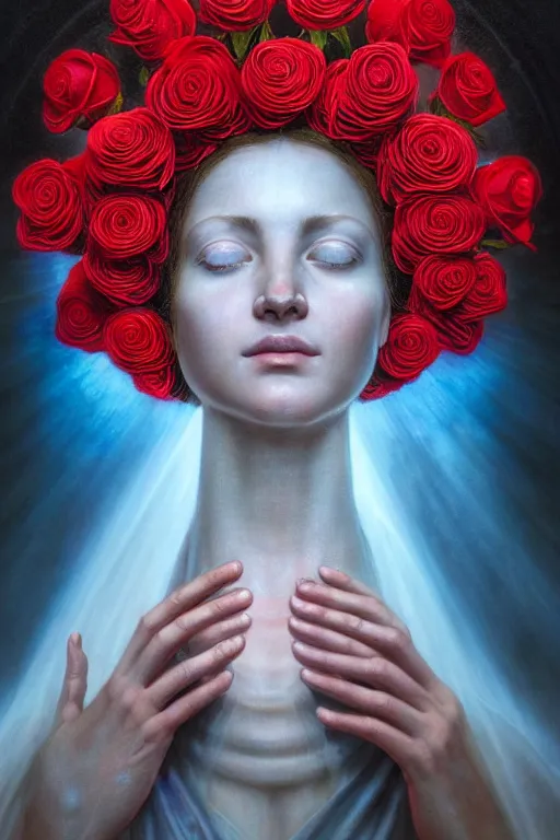 Prompt: hyperrealistic mixed media painting of Mother Mary, a halo about her head, holding a red rose, traditional beauty, stunning 3d render inspired art by P. Craig Russell and Barry Windsor-Smith + perfect facial symmetry + dim volumetric lighting, 8k octane beautifully detailed render, post-processing, extremely hyperdetailed, intricate, epic composition, grim yet sparkling atmosphere, cinematic lighting + masterpiece, trending on artstation, very very detailed, masterpiece, stunning