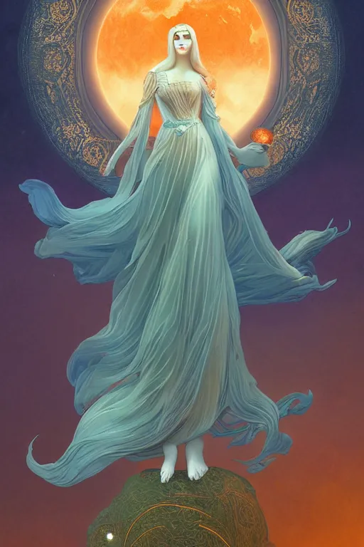 Prompt: Angelic beauty in the moonlight, the Tyndal effect, Art Nouveau Cosmic 4k Detailed Matte Illustration featured on Getty Images ,CGSociety, Jade and Carrot orange color scheme, Pastiche by Marc Simonetti, Pastiche by Cedric Peyravernay