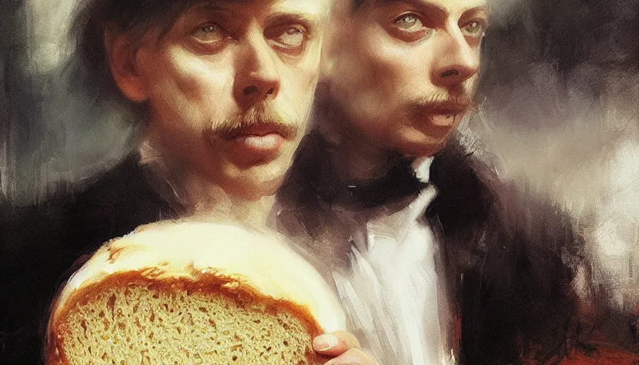 Image similar to beautiful portrait of anthropomorphic loaf of bread steve buscemi, art by anders zorn, wonderful masterpiece by greg rutkowski, beautiful cinematic light, american romanticism thomas lawrence, greg rutkowski