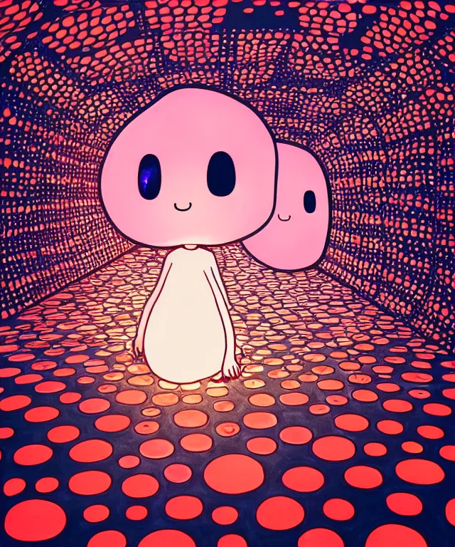 Prompt: cute soul ghost in infinity mirror room by yayoi kusama, anime soulsand, warm lighting, highly detailed, artstation