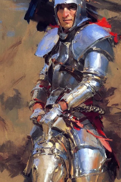 Image similar to close - up portrait of colorful rider holding jousting lance, caparisons, chainmail, by greg manchess, bernie fuchs, ruan jia, walter everett