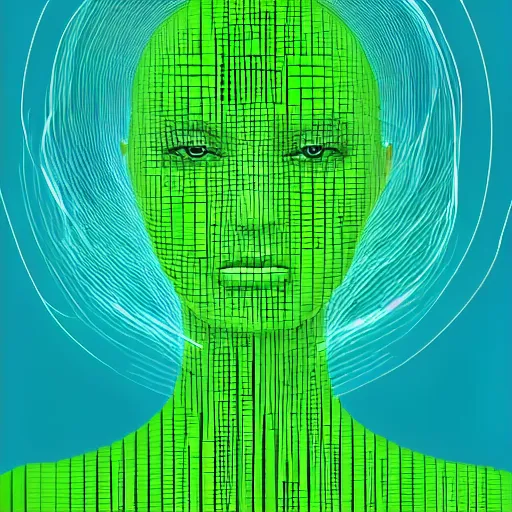 Prompt: computer generated woman made of green vector lines, headshot, dead stare, mouth closed, sci fi, scan lines, crt,