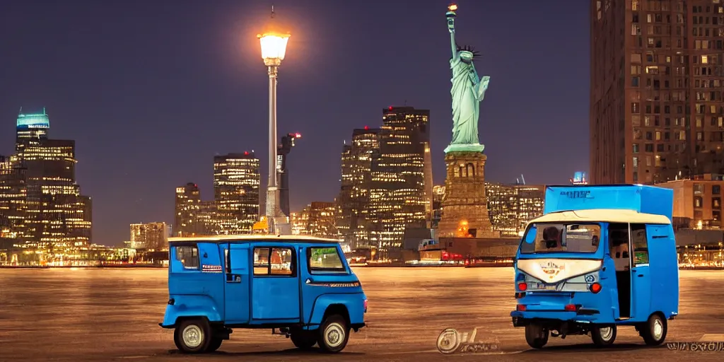 Image similar to a lonely blue tuk tuk with the statue of liberty in the background, night, full color