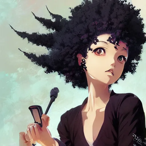 Image similar to portrait of anime pixie character with afro hair, manga cover, highly detailed, digital painting, artstation, concept art, sharp focus, illustration, strong brush stroke, anime, art by greg rutkowski, ilya kuvshinov, sharp focus, ghibli studio, art by ilya kuvshinov, rossdraws