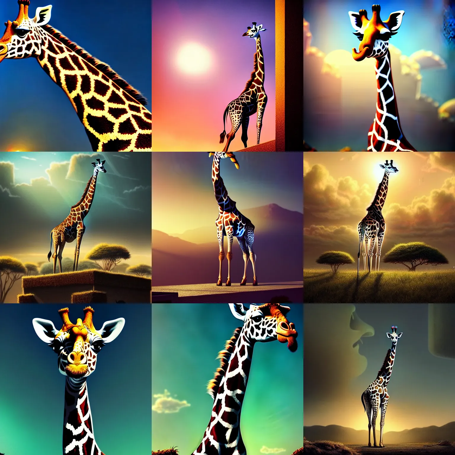 Prompt: a full body painting of a [ giraffe standing on rooftop ] [ safari animal ], intricate, epic lighting, cinematic composition, hyper realistic, 8 k resolution, unreal engine 5, by artgerm, tooth wu, dan mumford, beeple, wlop, rossdraws, james jean, andrei riabovitchev, marc simonetti, artstation