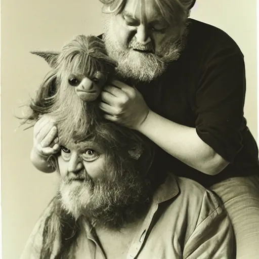 Image similar to robert wyatt cradling a hairy goblin like a baby, heartwarming photograph