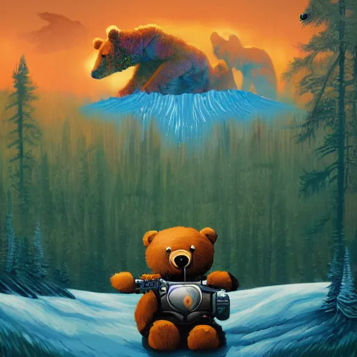 Image similar to a paint of dan mumford, of a robotic teddy bear painting a picture of a cute bear, in the background an apocalyptic panorama, artstation