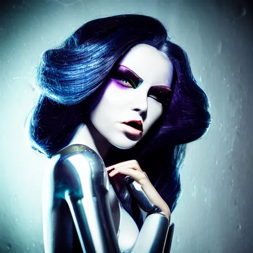Prompt: a beautiful and seductive robot android woman with long flowing hair and bright makeup sings on stage in a dimly lit futuristic nightclub. twilight zone, dark city inspired realistic gritty award winning photographic portrait single point lighting