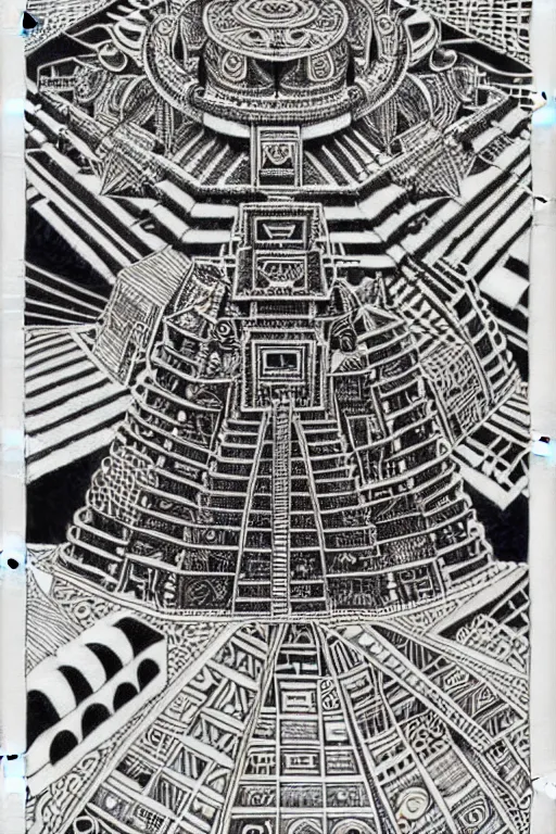 Image similar to a black and white drawing of an ancient future mayan temple mandala cityscape, a detailed mixed media collage by hiroki tsukuda and eduardo paolozzi and moebius, intricate linework, sketchbook psychedelic doodle comic drawing, geometric, street art, polycount, deconstructivism, matte drawing, academic art, constructivism