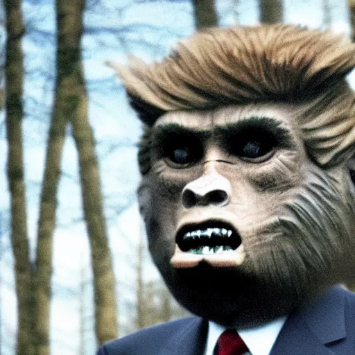 Image similar to donald trump as bigfoot, cryptozoology photograph, forest, setting,