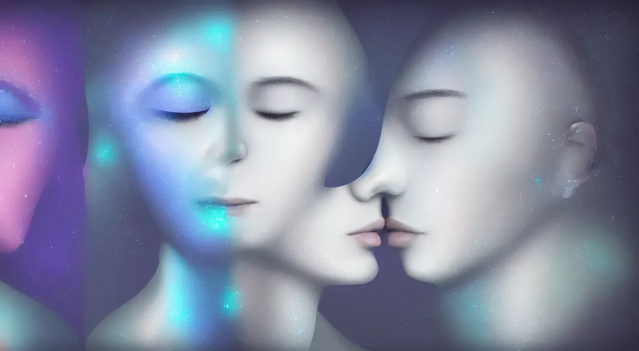 Prompt: a digital painting depicting a two ai android facing each other while their eyes are closed