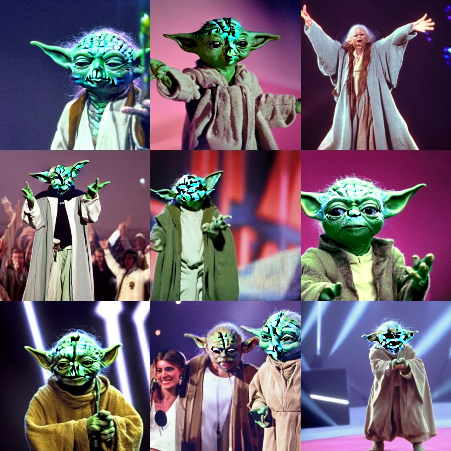 Prompt: a high quality photo of yoda winning the eurovision song contest in the 90s