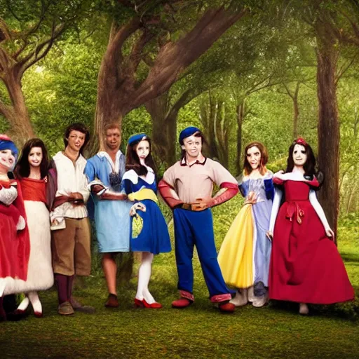 Image similar to zooey channel as snow white with the seven dwarfs, uhd, photorealism, realistic, wide shot, full shot,