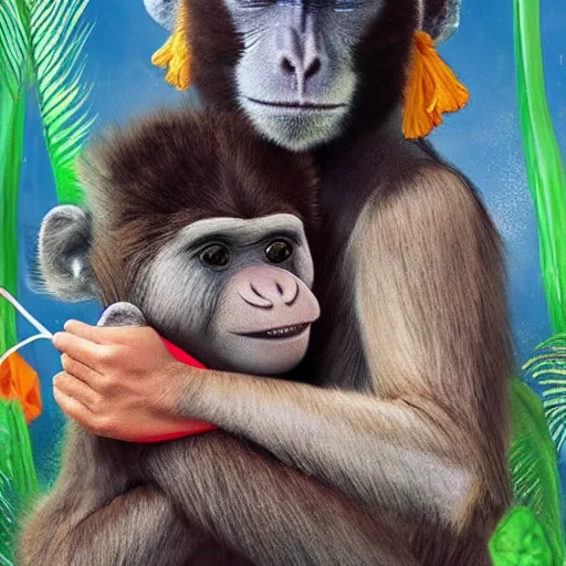 Image similar to realistic Mowgli hugging a monkey wearing a birthday hat, birthday, happy, hyper realistic, highly detailed