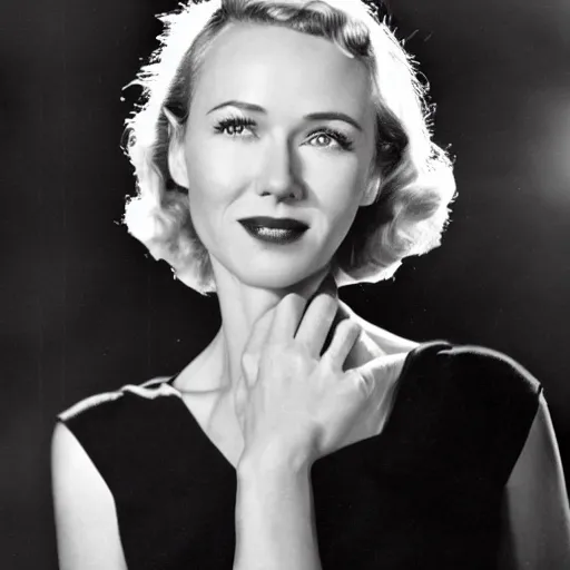 Image similar to Naomi Watts 1940s black and white 20th Century Fox promotional photo. Golden Age of Hollywood.