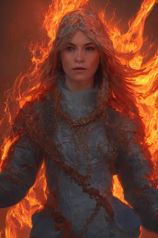 Image similar to A hyper-detailed image of concept art of a female wizard, fire element as painted by Marieke Nelissen, HD, hyper-fidelity, ray tracing, god rays, digital art, trending on artstation, artstationHD, artstationHQ, 4k, 8k