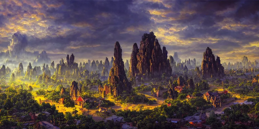 Prompt: fantasy oil painting, megalithic city of laos, fantasy, buildings, colossal, gate, looming, small buildings, warm lighting, street view, daytime, silhouetted figure standing overlooking the port city, epic, distant mountains, bright clouds, luminous sky, cinematic lighting, michael cheval, michael whelan, artstation, oil painting, vray, 8 k hd