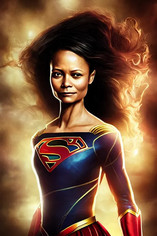 Image similar to majestic and regal portrait of thandie newton female supergirl, dc universe, perfect face, beautiful, intricate, epic, elegant, fantasy, highly detailed, digital painting, hard focus, beautiful volumetric lighting, epic light, ultra detailed, by leesha hannigan, ross tran, thierry doizon, kai carpenter, ignacio fernandez rios