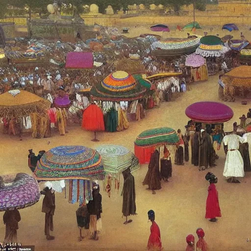 Prompt: dahomey officials with flat colorful umbrellas gather for the xwetanu in ahomey's huge main square, from above, 1905, highly detailed, oil on canvas, by ilya repin