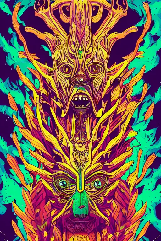 Image similar to animal mask totem roots flower tribal feather gemstone plant wood rock shaman vodoo video game vector cutout illustration vivid multicolor borderlands comics by josan gonzales and dan mumford radiating a glowing aura