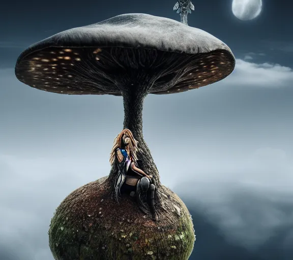 Image similar to a portrait of an armored female warrior sitting on the edge of a giant mushroom that covers a whole town and reaches above the clouds by luis royo. intricate. lifelike. soft light. sony a 7 r iv 5 5 mm. cinematic post - processing