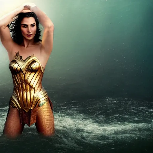 Prompt: Full body photo of the beautiful woman Gal Gadot as a siren, she is swimming, she has a glow coming from her, she is getting illuminated for rays of light that cross the sea, the photo was taking by Annie Leibovitz, matte painting, oil painting, naturalism, 4k, 8k