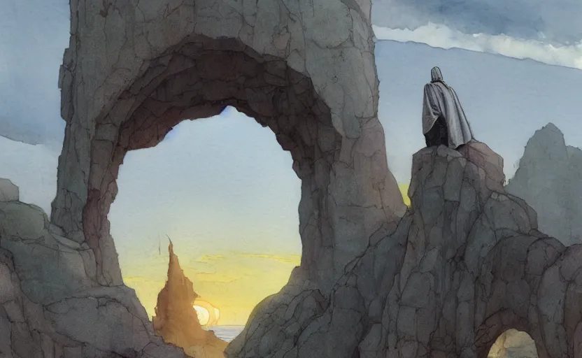 Image similar to a hyperrealist watercolor concept art of a medieval monk in grey robes looking at a sunset through a rock arch dimensional portal to an alien world. very muted colors, by rebecca guay, michael kaluta, charles vess. high detail, hq, wide shot, 4 k