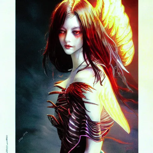 Image similar to young vampire princess with burning wings 4 k high definition gorgeous dramatic lighting artstation trending path traced contrast light and dark cinematic breathtaking by noriyoshi ohrai, patrick woodroffe, and hans zatzka