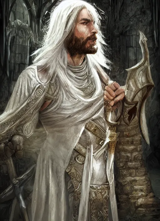 Prompt: a fantasy rpg portrait painting of a male cleric, old mystic ruins, afternoon, intricate, elegant, highly detailed, digital painting, sharp, focus