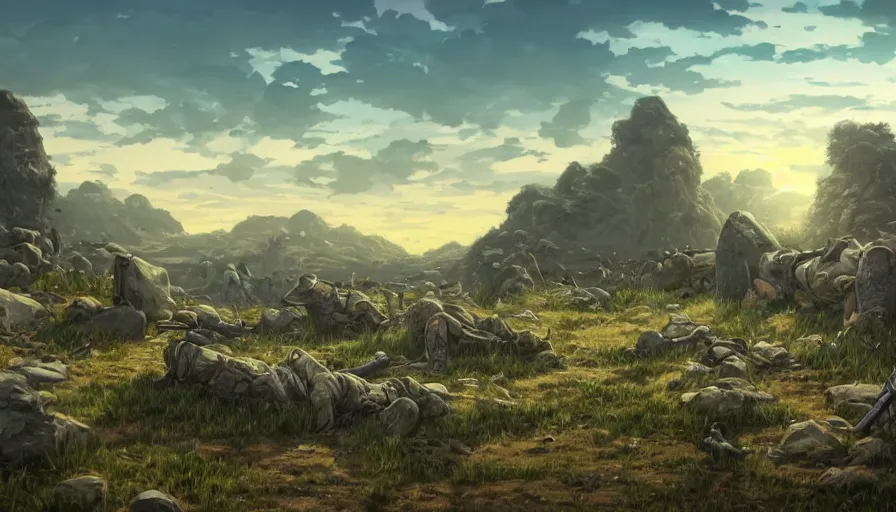 Prompt: the beautiful, chilling, panoramic view of dead calvary soldiers on a field and rocks at dusk with a giant wall in the background. hyperrealistic anime background illustration by kim jung ki, colorful, extremely detailed intricate linework, smooth, super sharp focus, bright colors, high contrast, matte, octopath traveler, unreal engine 5 highly rendered, global illumination, radiant light