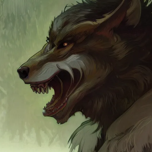 Prompt: portrait of a male werewolf, bared teeth, long claws, by greg rutkowski and alphonse mucha, gradient brown to silver, in front of a forest at night background, highly detailed portrait, digital painting, artstation, concept art, smooth, sharp focus illustration