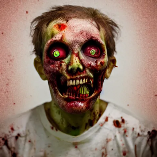 Prompt: real color portrait photo of a zombie smiling