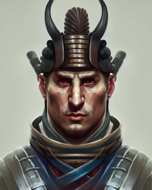 Image similar to face portrait of nikola jokic as a muscular ronin samurai, wearing a haori, by wlop and peter mohrbacher, dramatic action pose, extremely detailed shading, concept art, digital painting, trending on artstation, unreal engine 5, octane render, atmosphere, glow, cinematic lighting, full of color