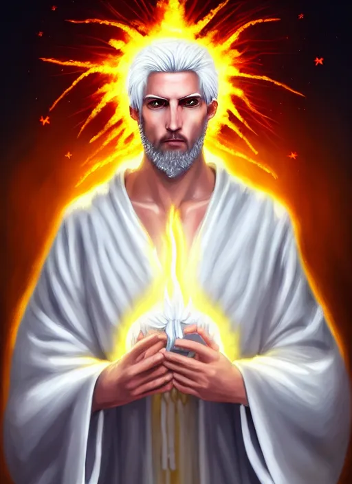 Prompt: « portrait of the white - haired jesus in a white robe and flaming yellow eyes, holding seven stars in right hand, grim - lighting, high - contrast, intricate, elegant, highly detailed, digital painting, artstation, concept art, smooth, sharp focus, illustration »